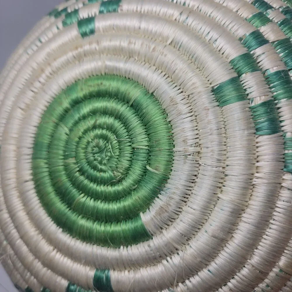 Vintage 11” Woven/Reed Coiled Basket Bowl Wall Green White African